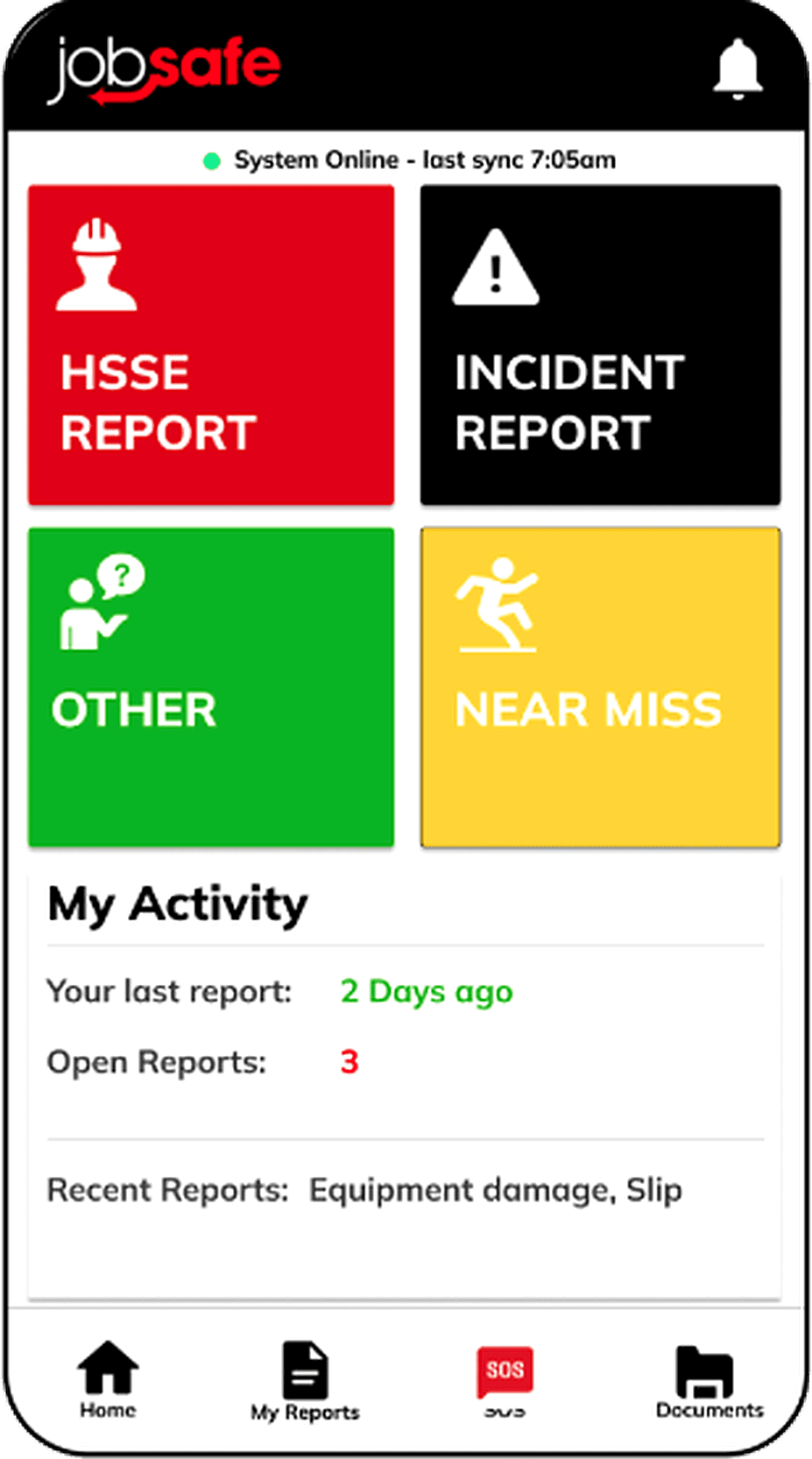 jobsafe employee app — incident capture screen showing HSSE, Incident, Other, and Near Miss report tiles