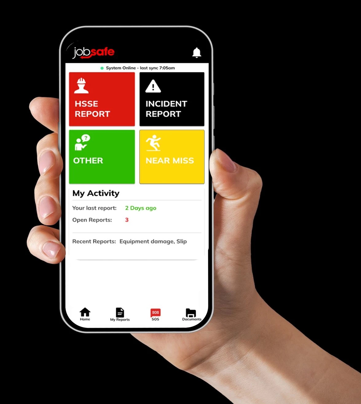 The JobSafe app open on a smartphone showing the HSSE reporting dashboard
